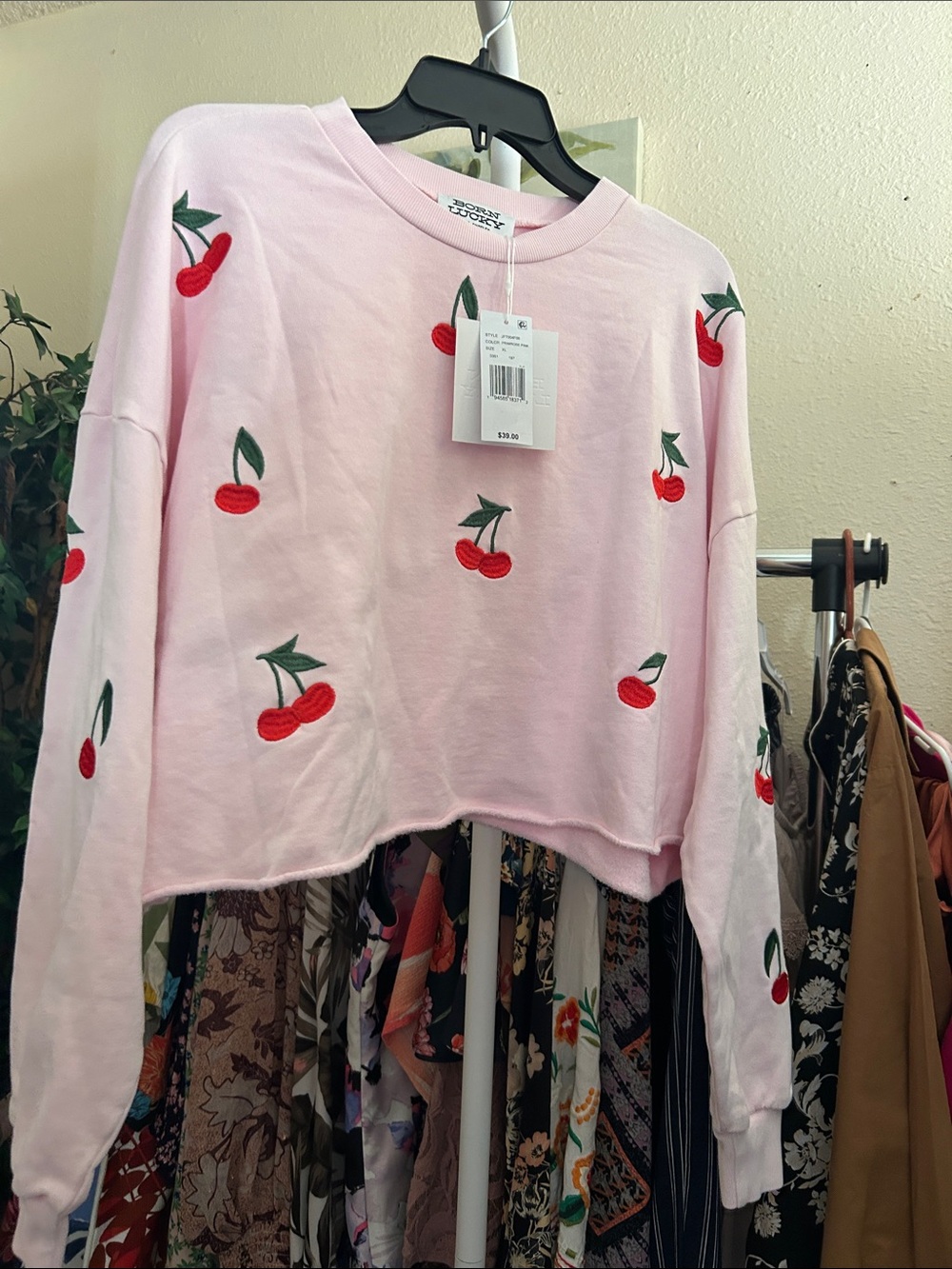 Pink Cherry Embroidered Crop Sweatshirt - Unbranded